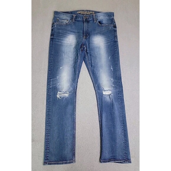 American Eagle Jeans Mens 33x32 (35x30) Slim Straight Stretch Distressed Blue - Picture 1 of 14
